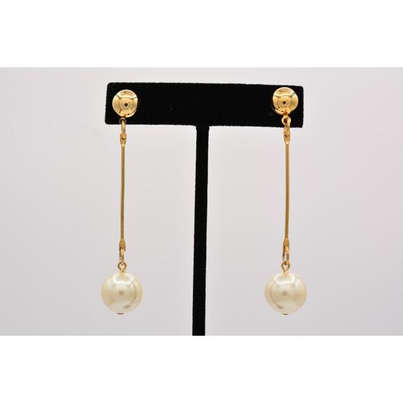 Vintage Dangle Earrings Long Round Faux Pearl Drop White Chunky 1990s BinZ - Picture 1 of 12